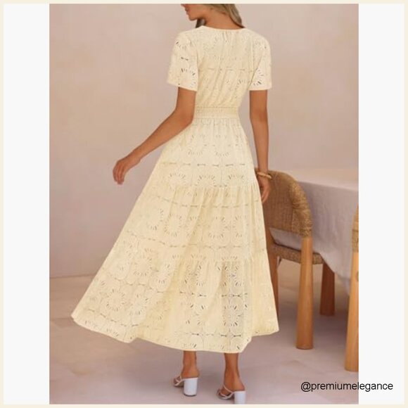 Summer Floral Maxi Dress Boho Eyelet Lace Short Sleeve A Line Tiered - Picture 3 of 7